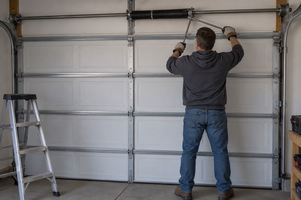Gloved technician from behind using winding bars on a torsion spring