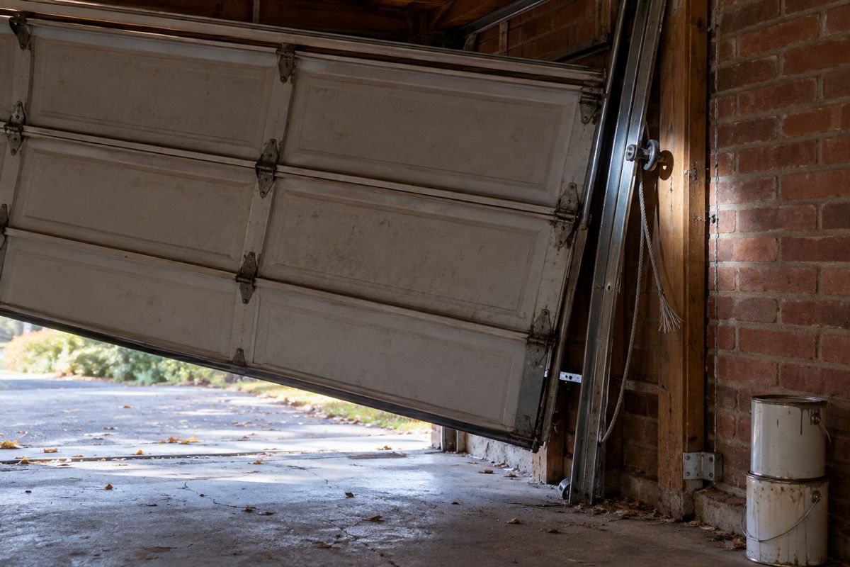 Garage door hanging crooked with a roller out of the bent track