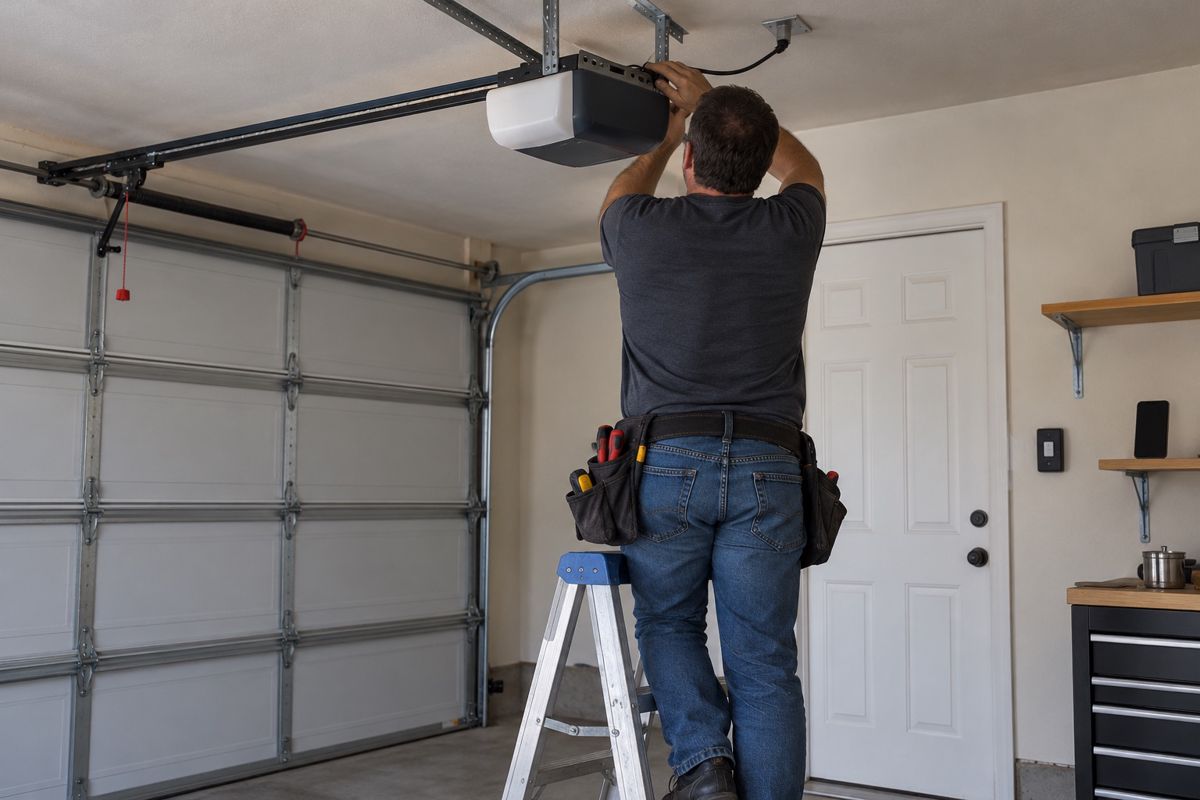 Technician from behind installing a belt-drive opener in a garage