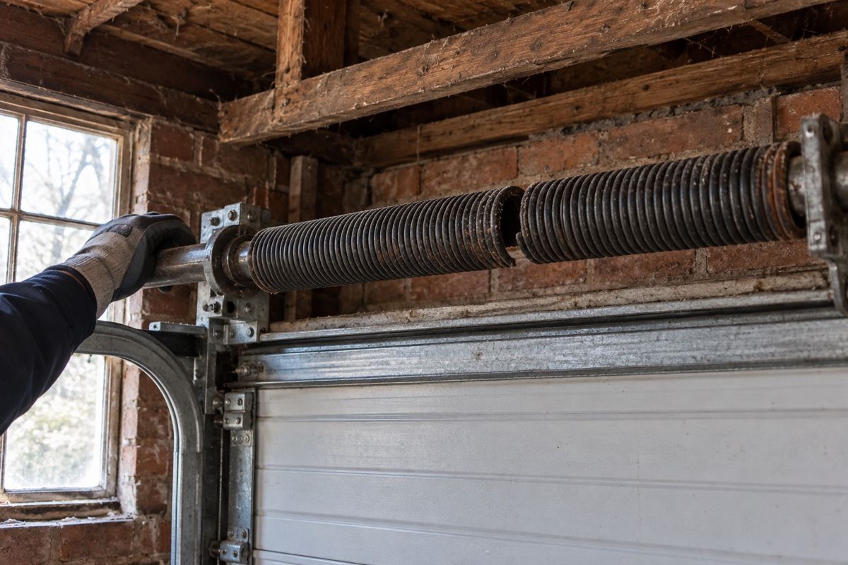 Broken torsion spring above a garage door in an older brick garage