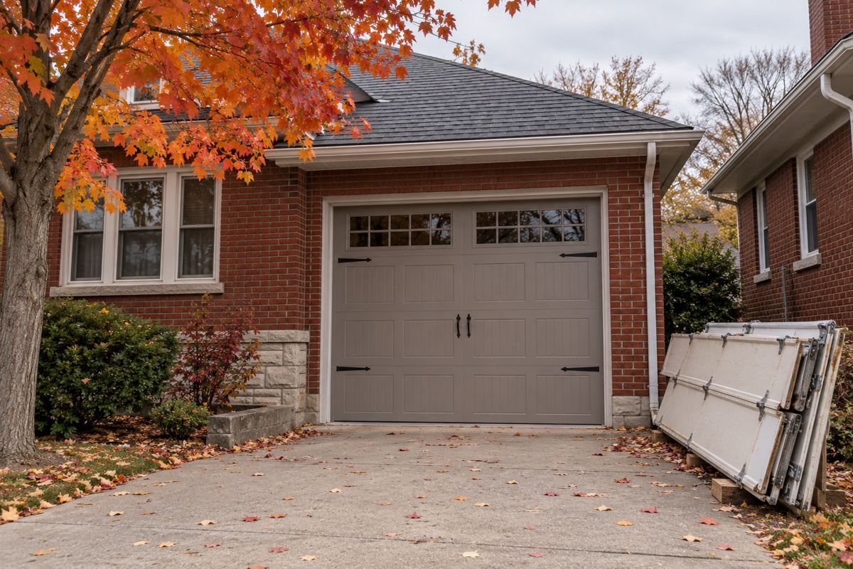 New insulated steel garage door on a red brick bungalow